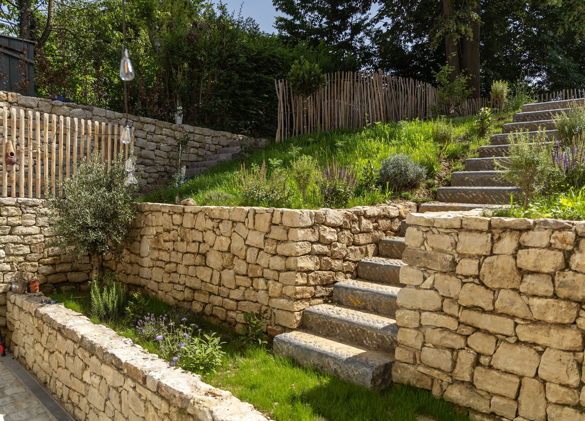 Okisalis — lavande et herbes contre un mur de pierre